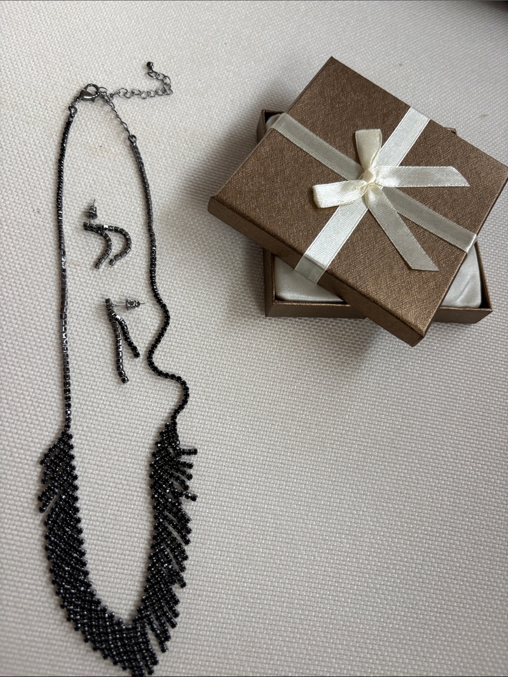 Black rhinestone cascading fringe bib necklace with earrings box